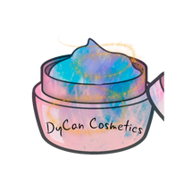 A pink jar with multicolored product showing at the opening of the container. Text reads DyCan Cosmetics across the jar in black text.  